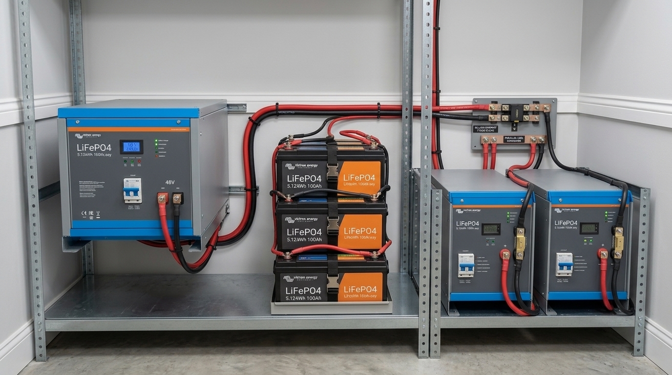 Three battery bank configurations: a single 48V server rack unit, four 12V batteries in series, and two 48V batteries in parallel with fuses