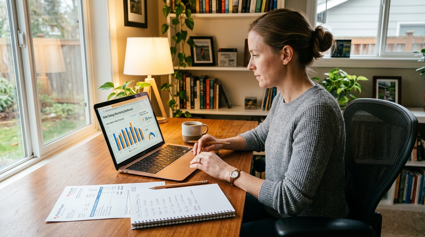 Person planning battery bank sizing at a desk with solar monitoring dashboard on laptop