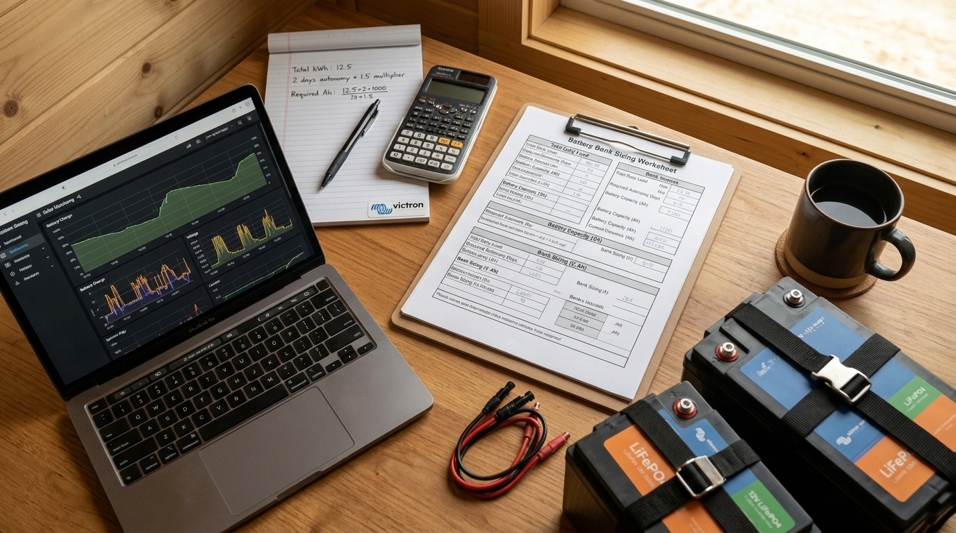Desk with a battery bank sizing worksheet, laptop showing solar monitoring dashboard, calculator, and LiFePO4 batteries