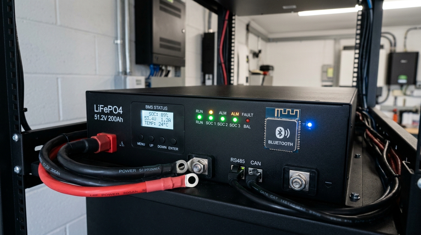 LiFePO4 battery front panel showing BMS status display, indicator LEDs, and Bluetooth module for monitoring cell health