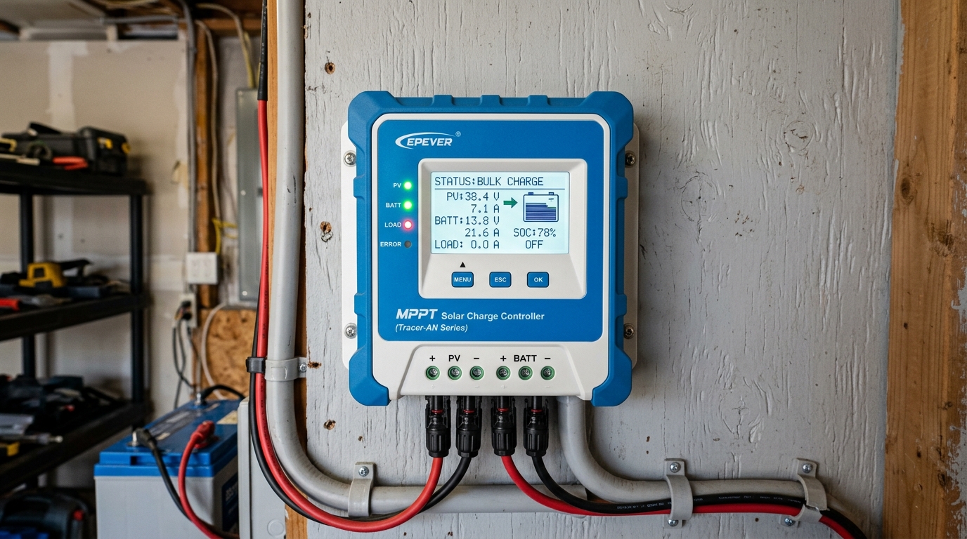 MPPT solar charge controller display showing bulk charging status with PV voltage, battery voltage, and current readings
