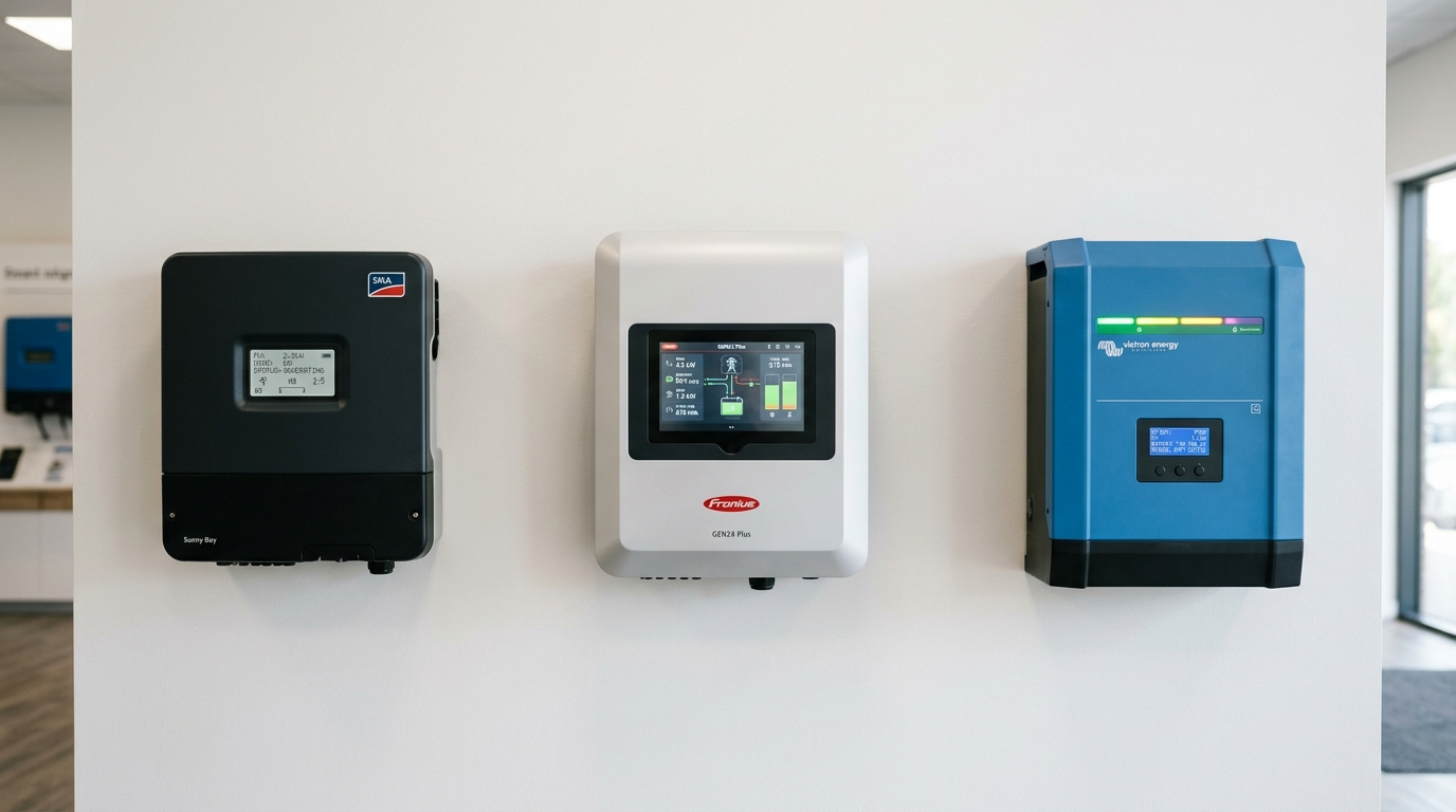 All-in-one hybrid solar inverter with server rack batteries in a utility room