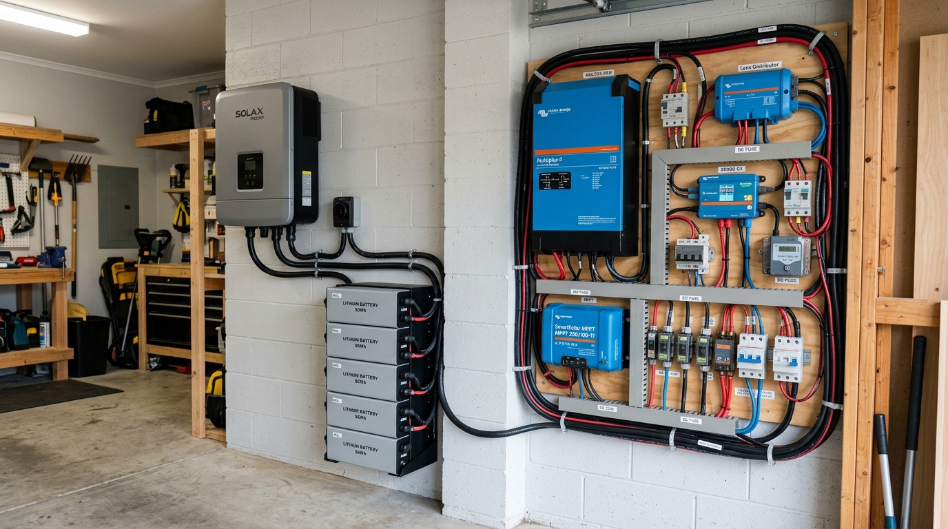 Side-by-side comparison of an all-in-one hybrid inverter installation versus a modular Victron component stack