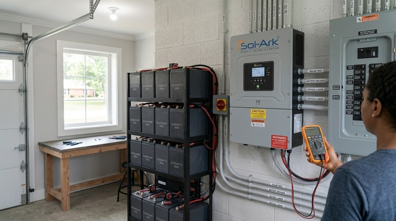 Sol-Ark hybrid inverter with large battery bank in a premium residential garage installation