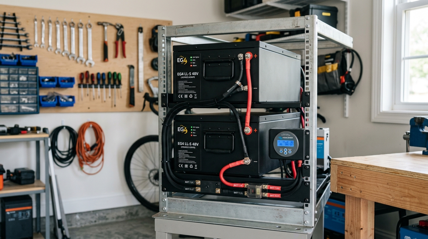 Two EG4 LL-S 48V batteries stacked in a 19-inch server rack with battery monitor