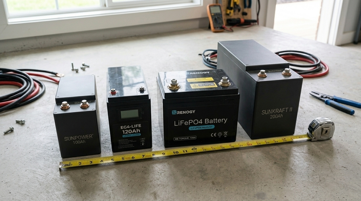 Four 12V LiFePO4 batteries arranged side by side with a tape measure for size comparison