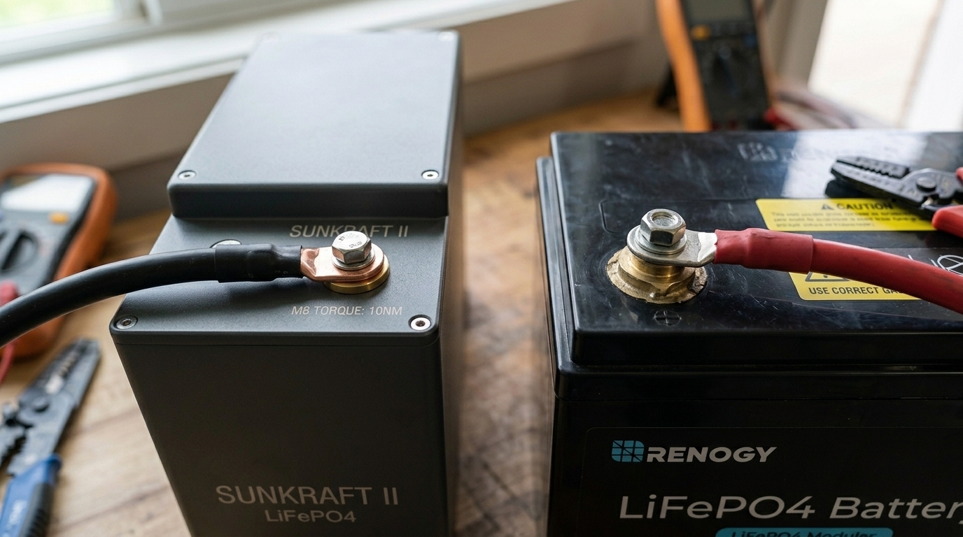 Close-up comparison of LiFePO4 battery terminals showing build quality differences between brands