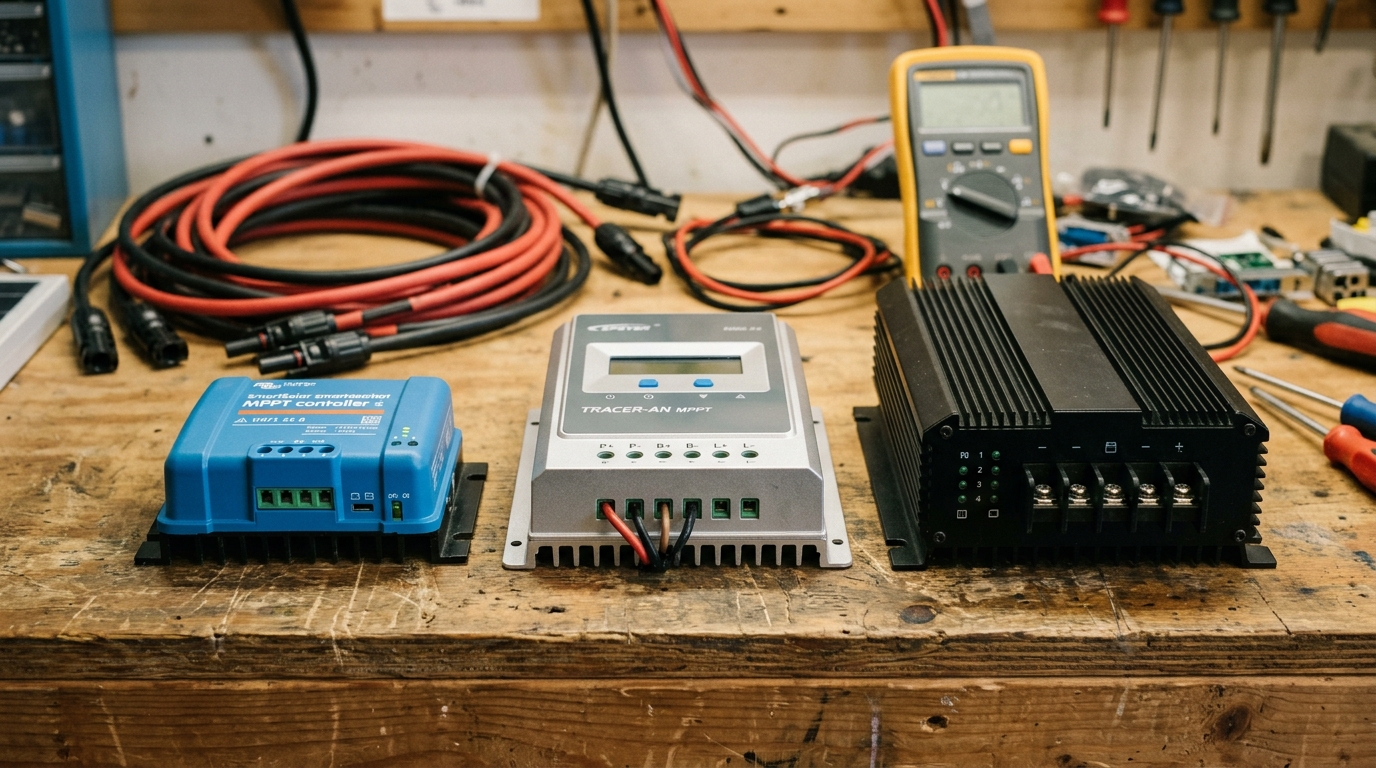 Three MPPT charge controllers on a workbench with multimeter and solar cables