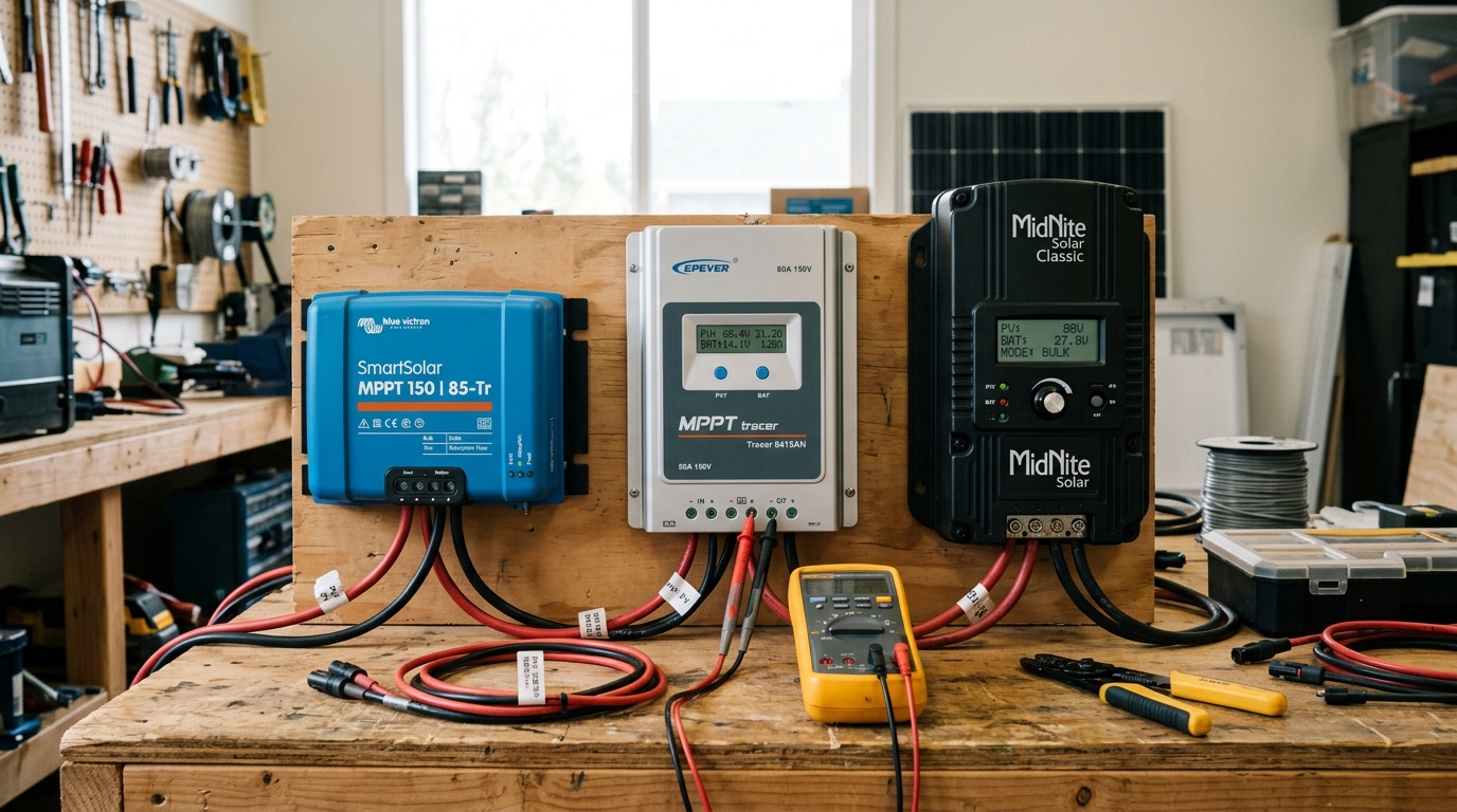 Three MPPT charge controllers side by side on a workbench during comparison testing