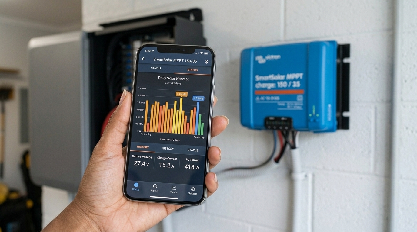 VictronConnect app showing daily solar harvest data with the SmartSolar 150/35 mounted in the background