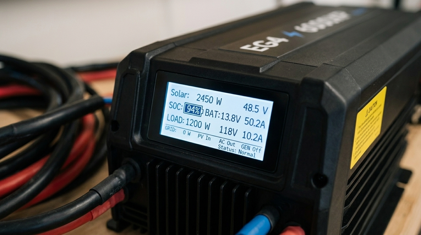Close-up of the EG4 6000XP LCD display showing live solar production, battery SOC, and load data