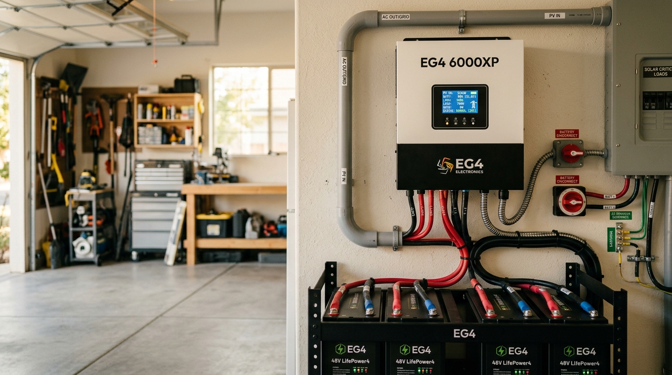 EG4 6000XP inverter mounted on garage wall with battery rack and cable runs