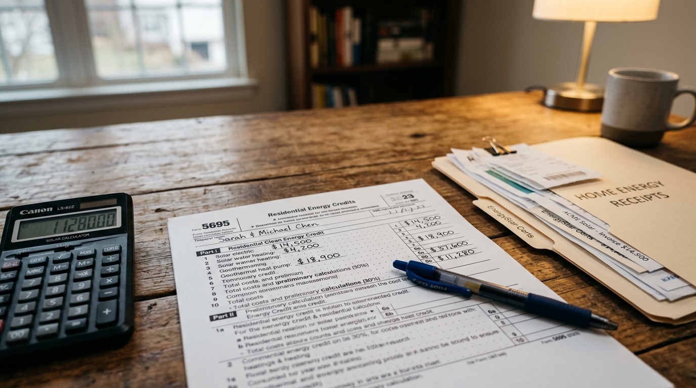IRS Form 5695 for Residential Energy Credits on a desk with a calculator and folder of organized receipts
