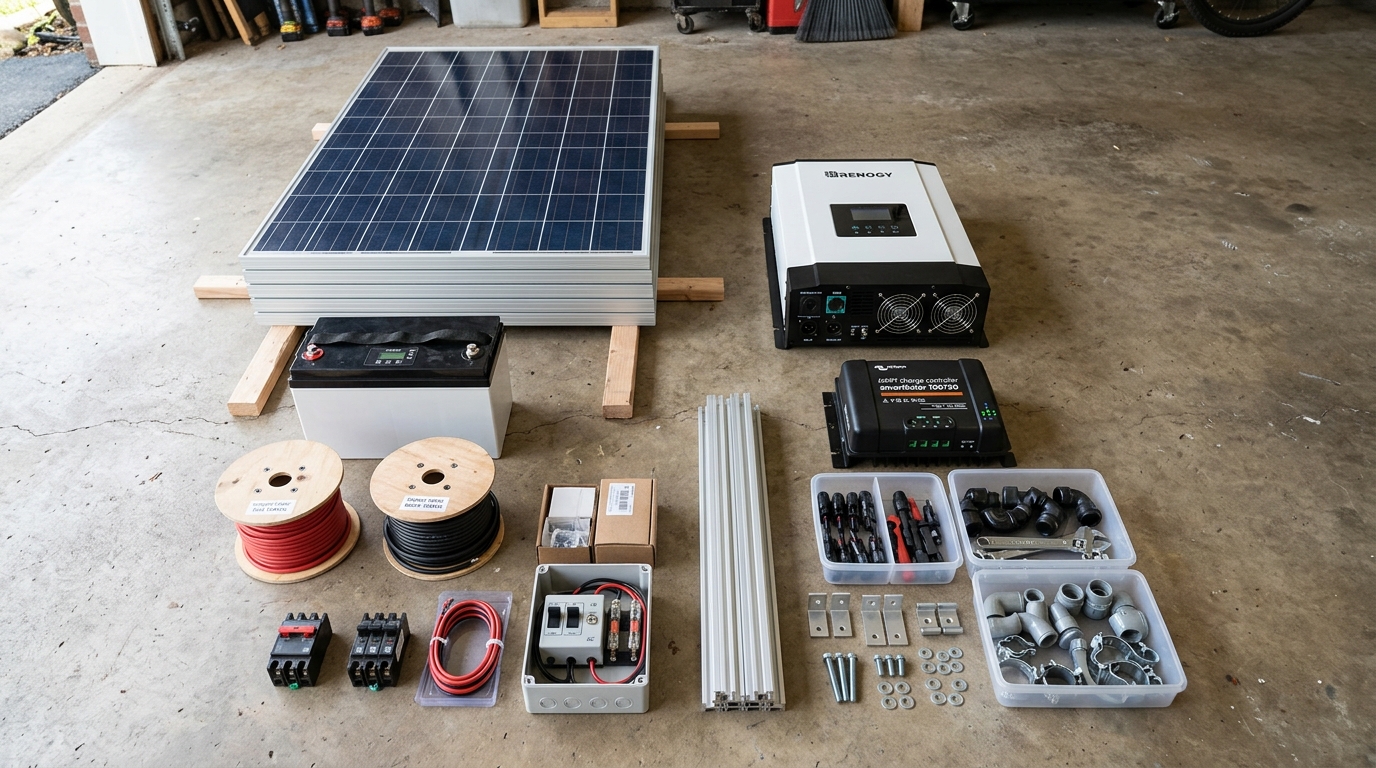 All the components of a DIY solar system laid out on a garage floor — panels, battery, inverter, charge controller, wire, and hardware