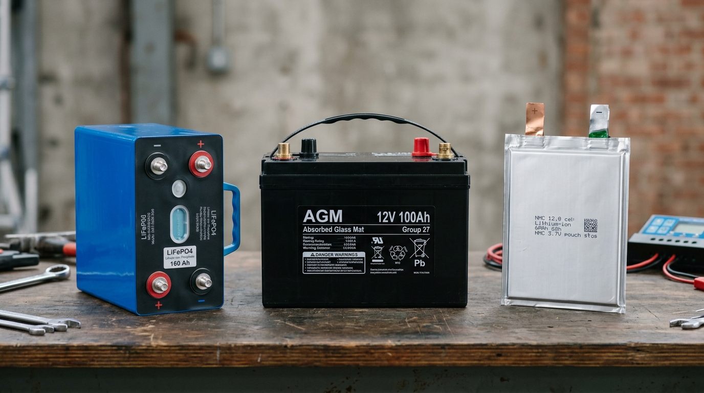 Three battery types used in solar storage: a blue LiFePO4 prismatic cell, a black AGM lead-acid battery, and a silver NMC lithium-ion pouch cell