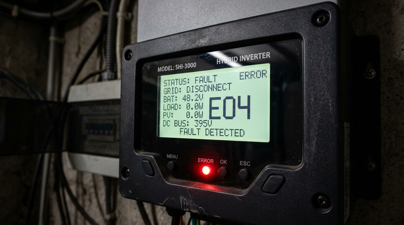 Hybrid inverter LCD display showing an error code with red warning LED illuminated during a fault condition