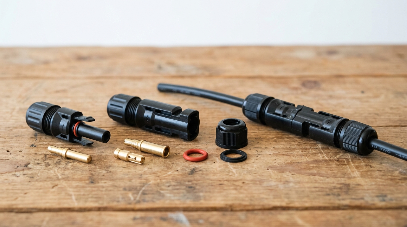 MC4 connector components disassembled on a workbench — male and female housings, metal contact pins, O-ring seals, and a completed mated pair