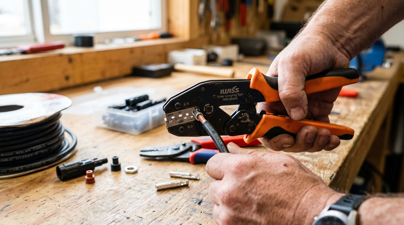 Hands crimping an MC4 connector onto PV wire using an IWISS crimping tool, with connector components and solar cable visible on the workbench