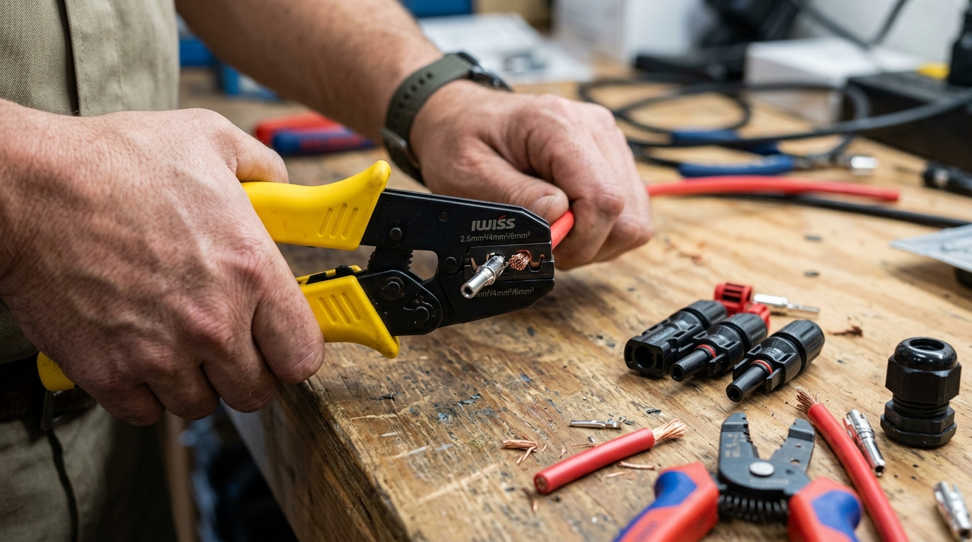 MC4 solar connector being crimped with IWISS tool on a workbench