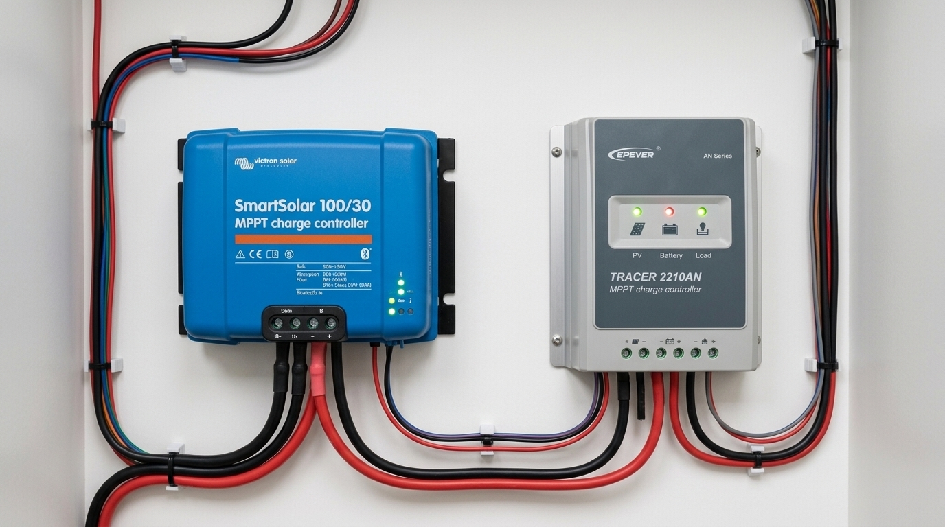 Side-by-side comparison of a Victron SmartSolar and EPEver Tracer MPPT charge controller mounted on a wall with cables connected