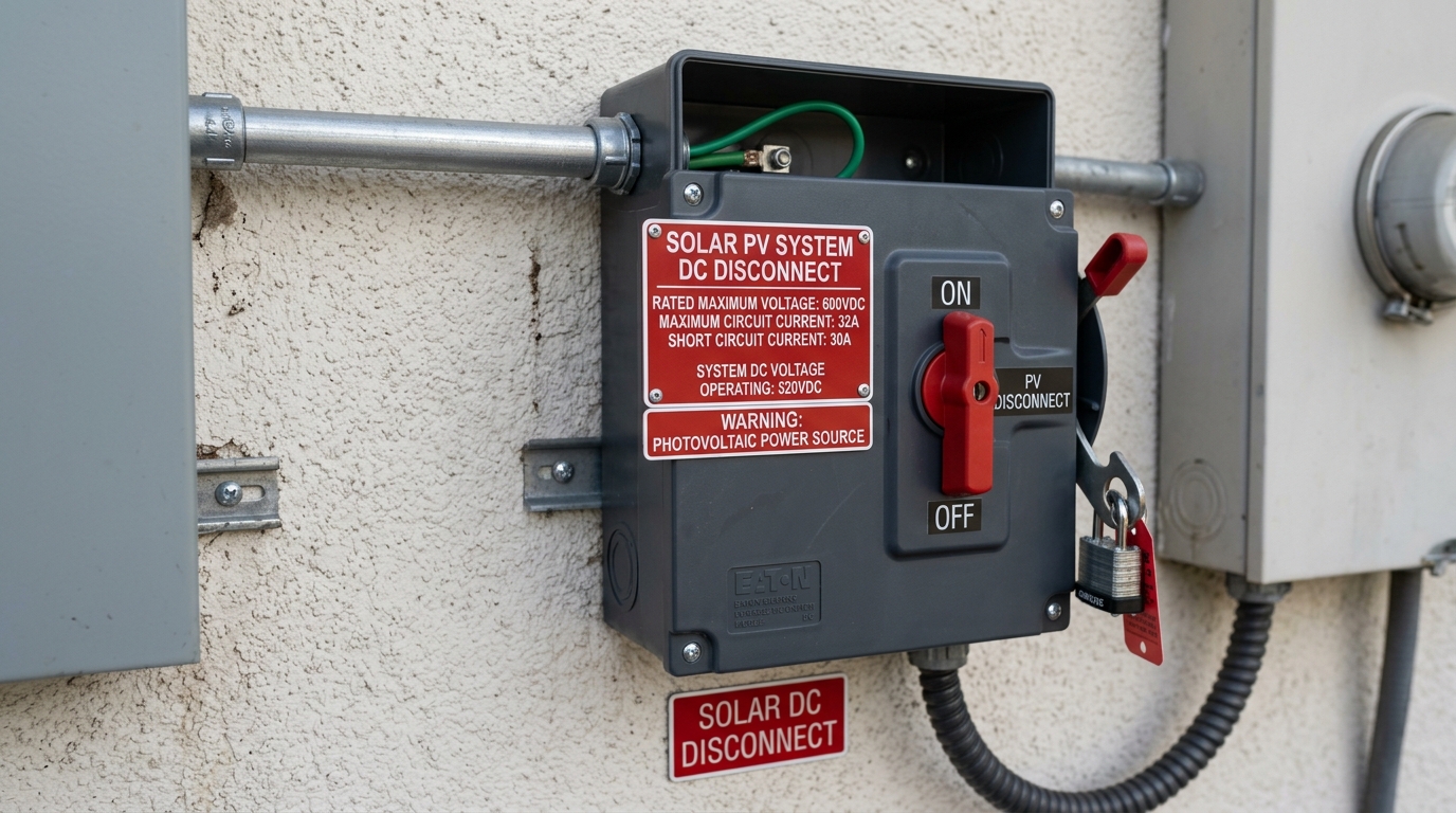 NEC-compliant solar DC disconnect switch with proper labeling placards mounted on an exterior residential wall