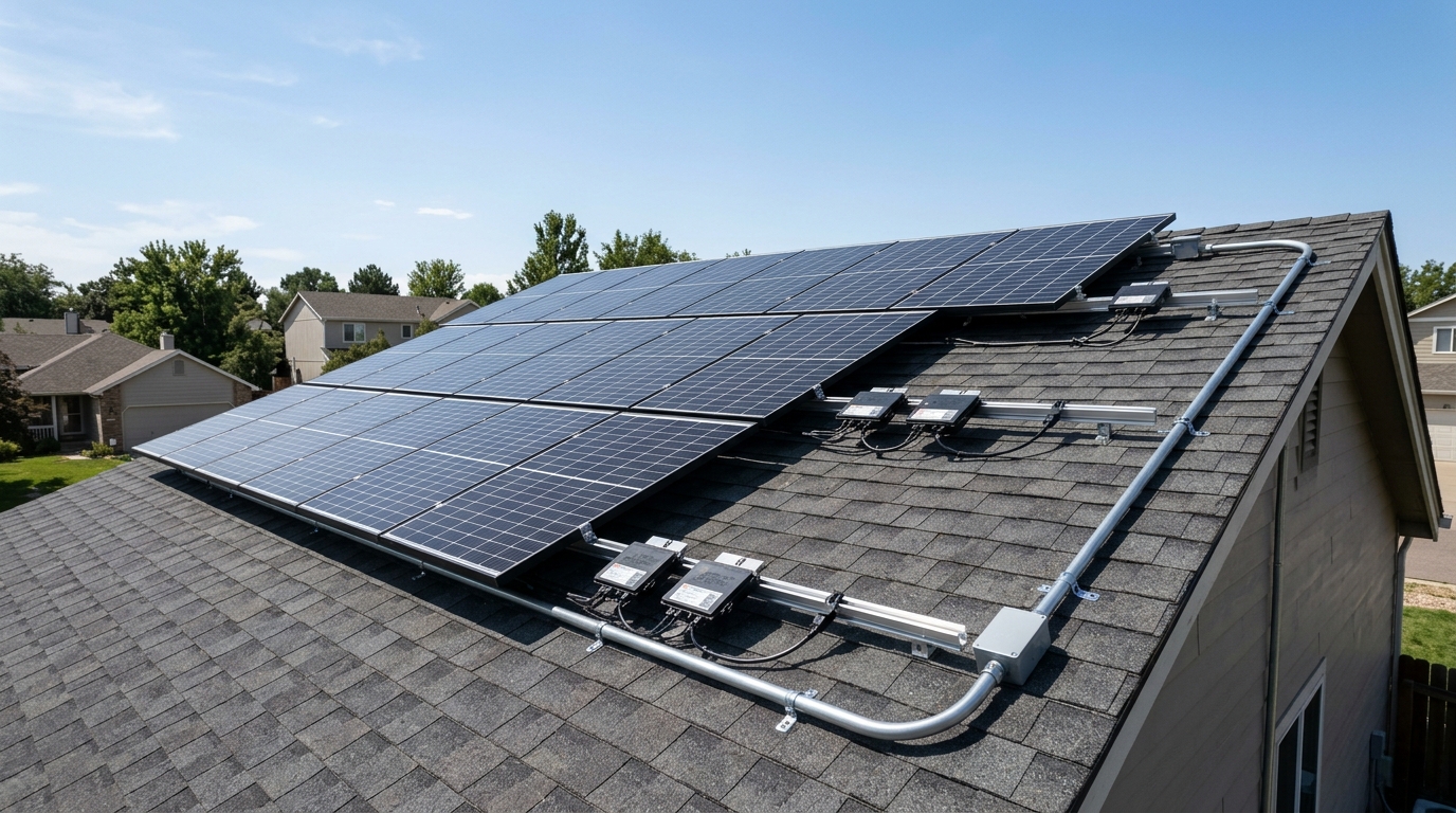 Rooftop solar array with module-level power electronics and EMT conduit with proper support straps for NEC rapid shutdown compliance