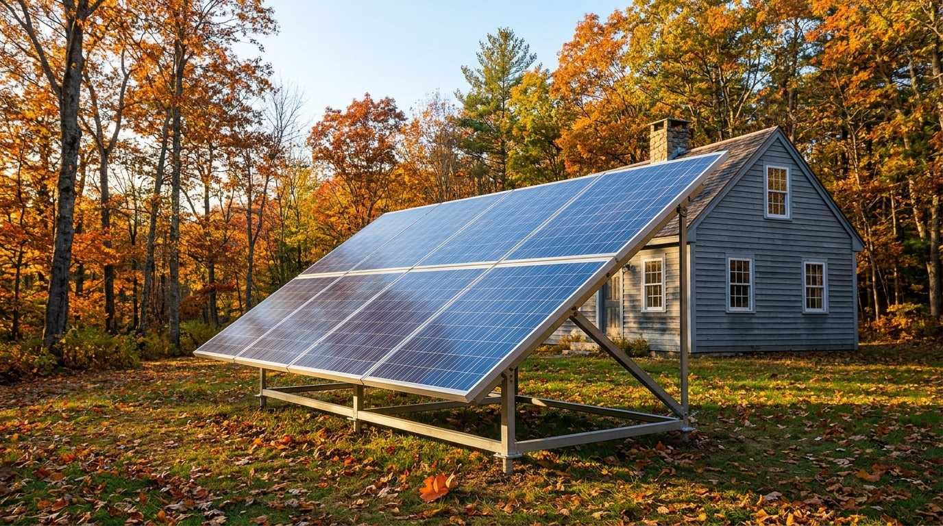 Ground-mounted solar array tilted at a steep angle next to a New England cabin surrounded by fall foliage