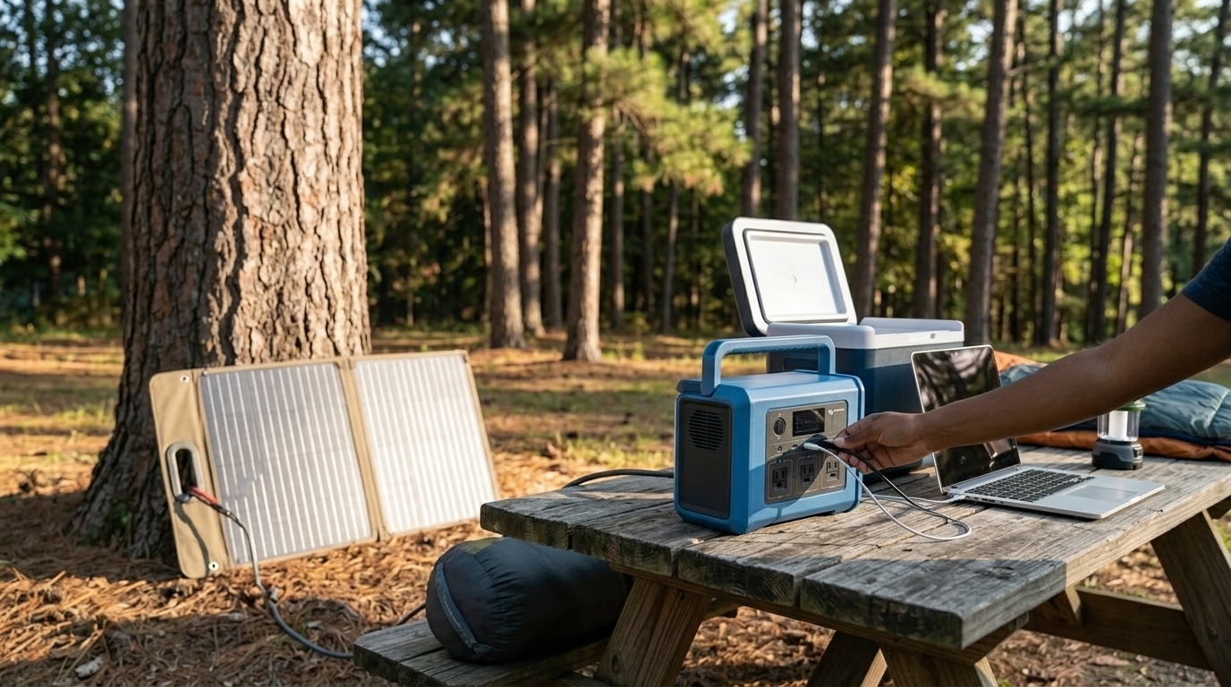 Portable power station at a campsite powering a cooler and laptop with a folding solar panel nearby