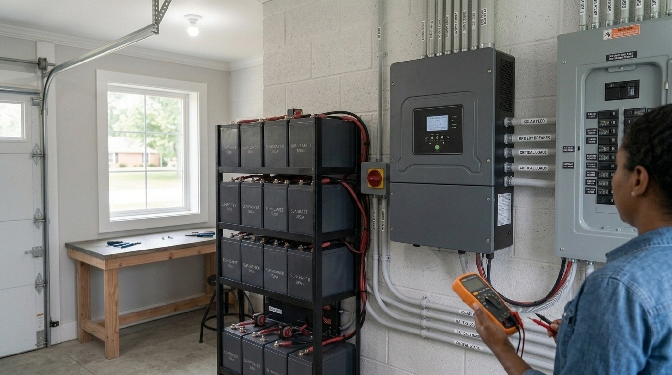 Complete DIY solar system in a residential garage with wall-mounted inverter, battery rack, and breaker panel