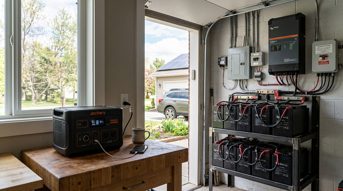 Portable power station on a table next to a full DIY solar battery system in a garage, showing the scale difference