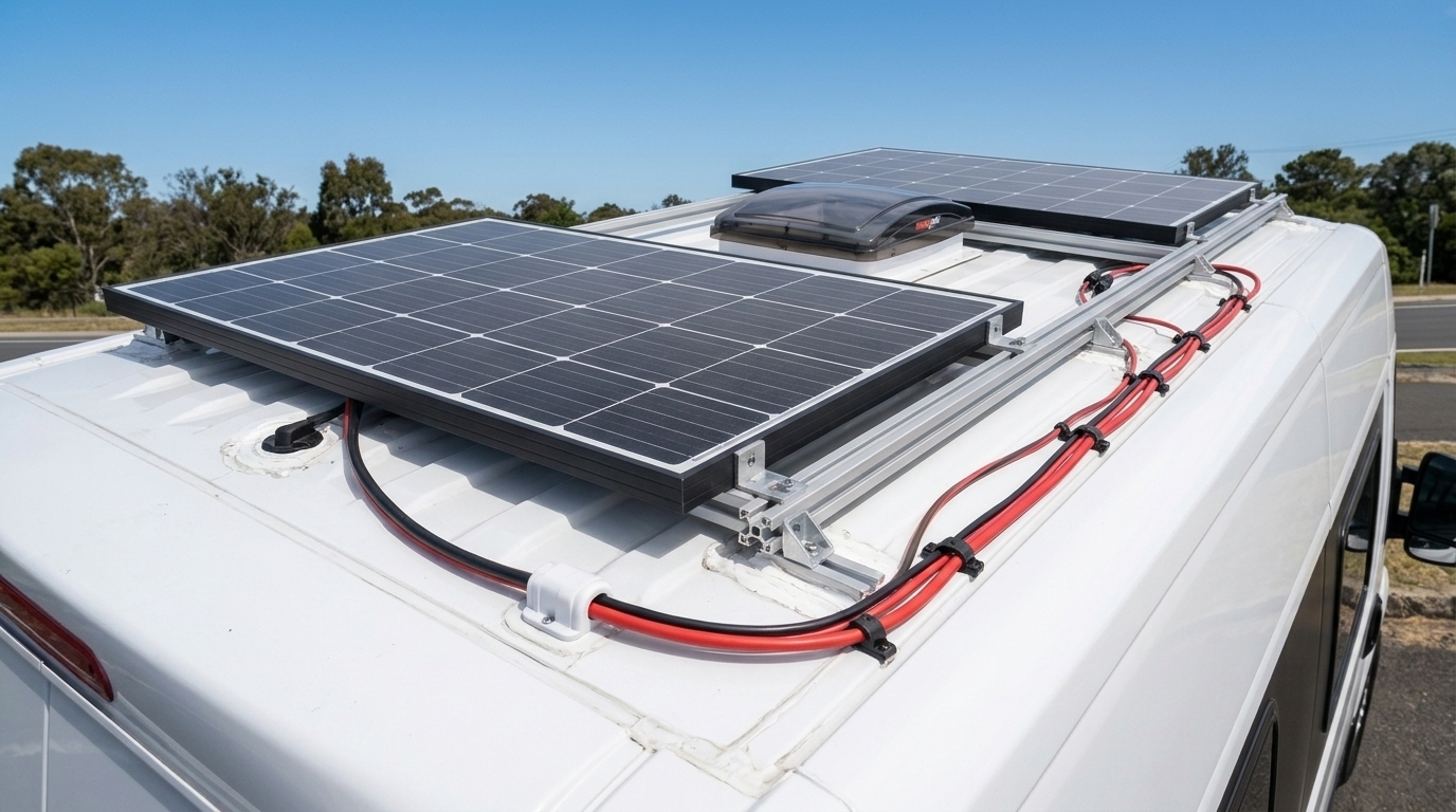 Rigid solar panels mounted on aluminum crossbars on a white campervan roof with a vent fan and cable gland visible