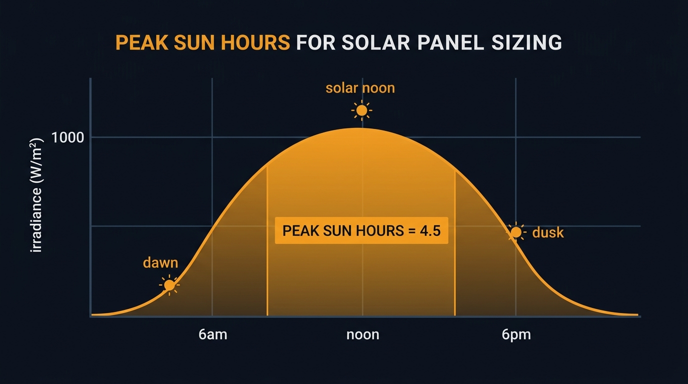 Irradiance curve showing a day's sun arc with a highlighted 4.5 peak sun hours block representing equivalent hours at 1,000 W/m²