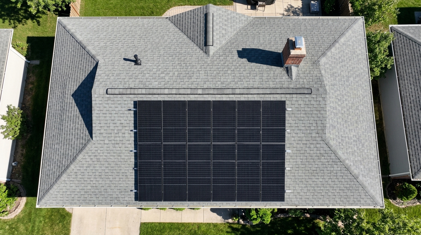 Top-down drone aerial view of a residential roof with a 4x4 grid of black monocrystalline solar panels and fire-code setbacks at the ridge and eaves