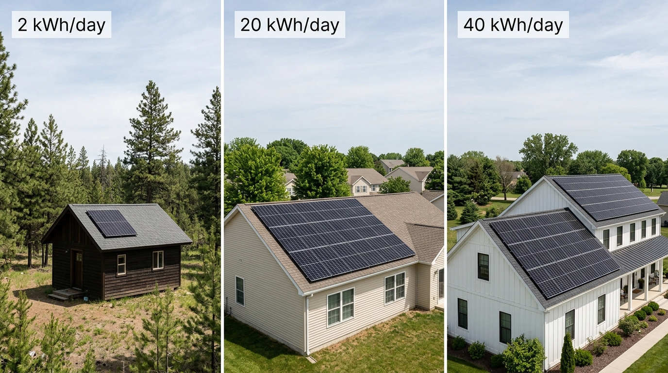 Side-by-side photo comparison of three homes sized for 2 kWh/day, 20 kWh/day, and 40 kWh/day loads with proportionally scaled solar arrays