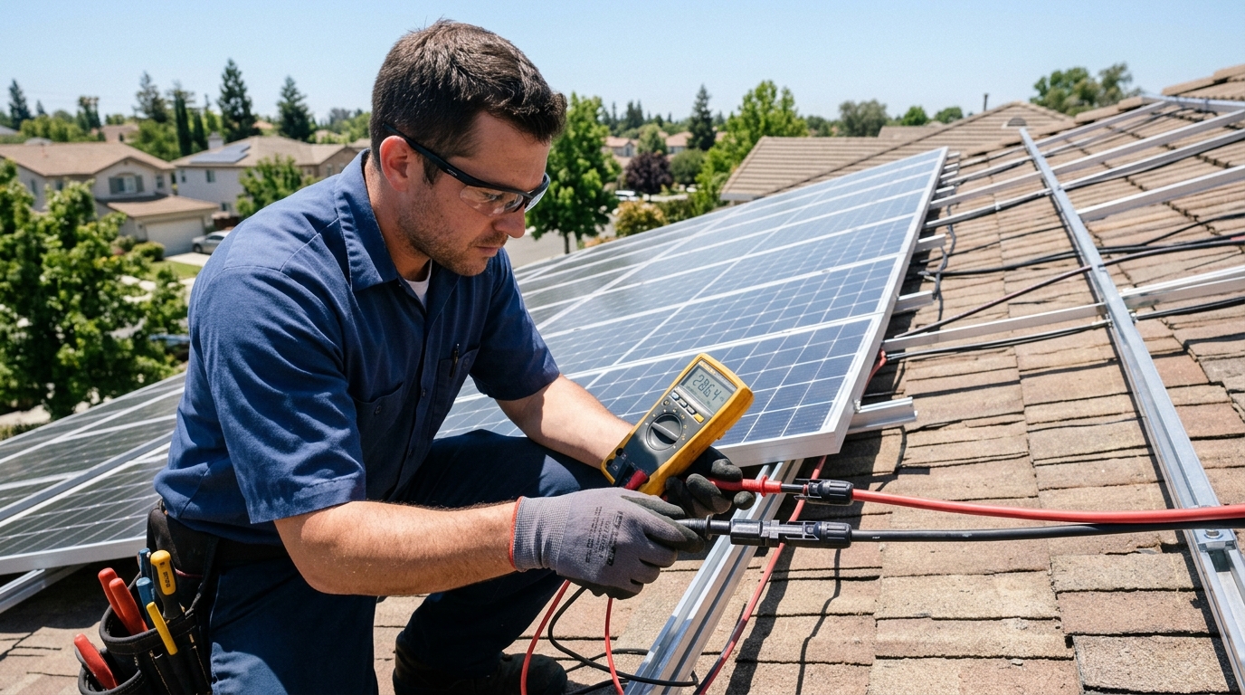 Technician using a digital multimeter to measure DC voltage at MC4 connectors on a rooftop solar panel array