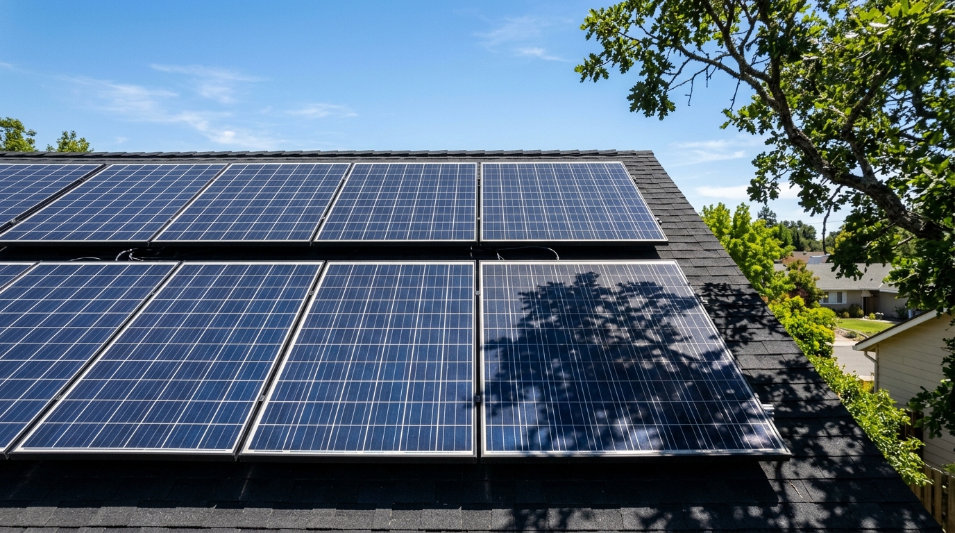 Tree shadow falling across solar panels on a residential rooftop, demonstrating how partial shading reduces panel output