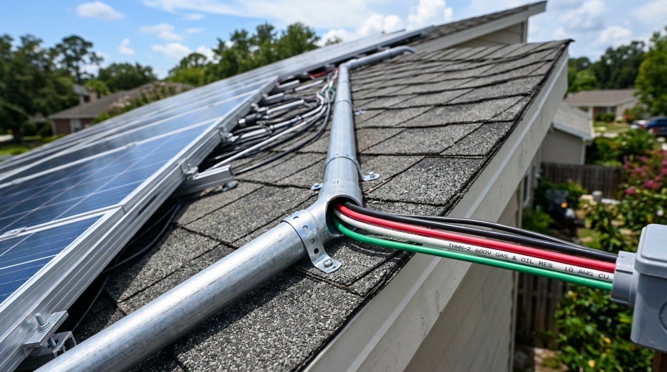 Electrical conduit on a residential rooftop with THWN-2 wires pulled through and proper conduit straps securing the run