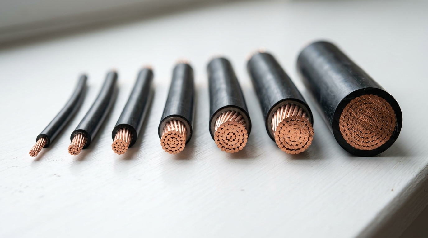 Copper wires in various AWG gauges from 14 AWG to 4/0, showing the dramatic size difference between small and large gauge conductors
